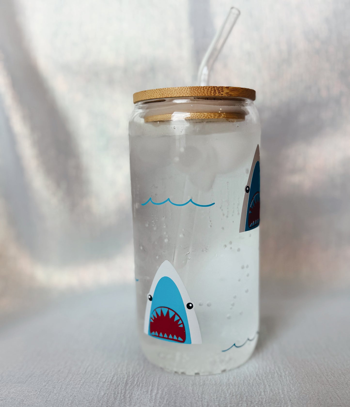 Shark Glass Can w/ changing color sharks & waves