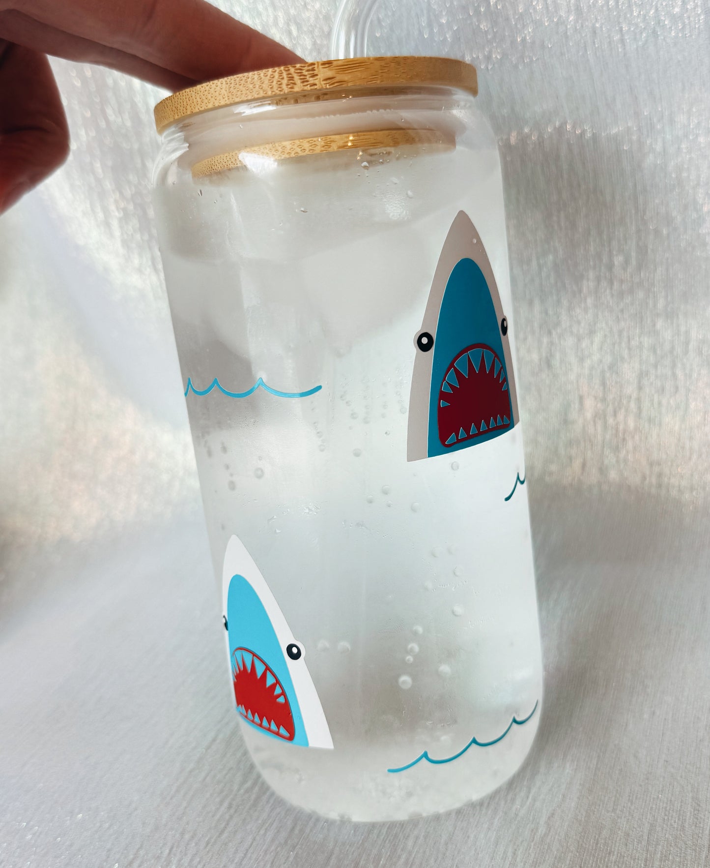 Shark Glass Can w/ changing color sharks & waves